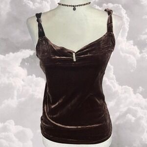 Y2K brown velvet whimsy grunge glam tank top with rhinestone detail size L
